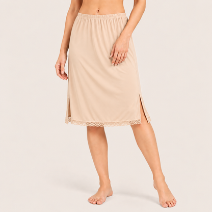 MYBODY Women's Cotton Mini Knee Length Under Skirt Half Slip Cotton Knit Mid Rise Elastic Waistband Side Slits for Movement